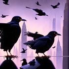 Black crows in flight over purple sky with gothic skyscrapers.