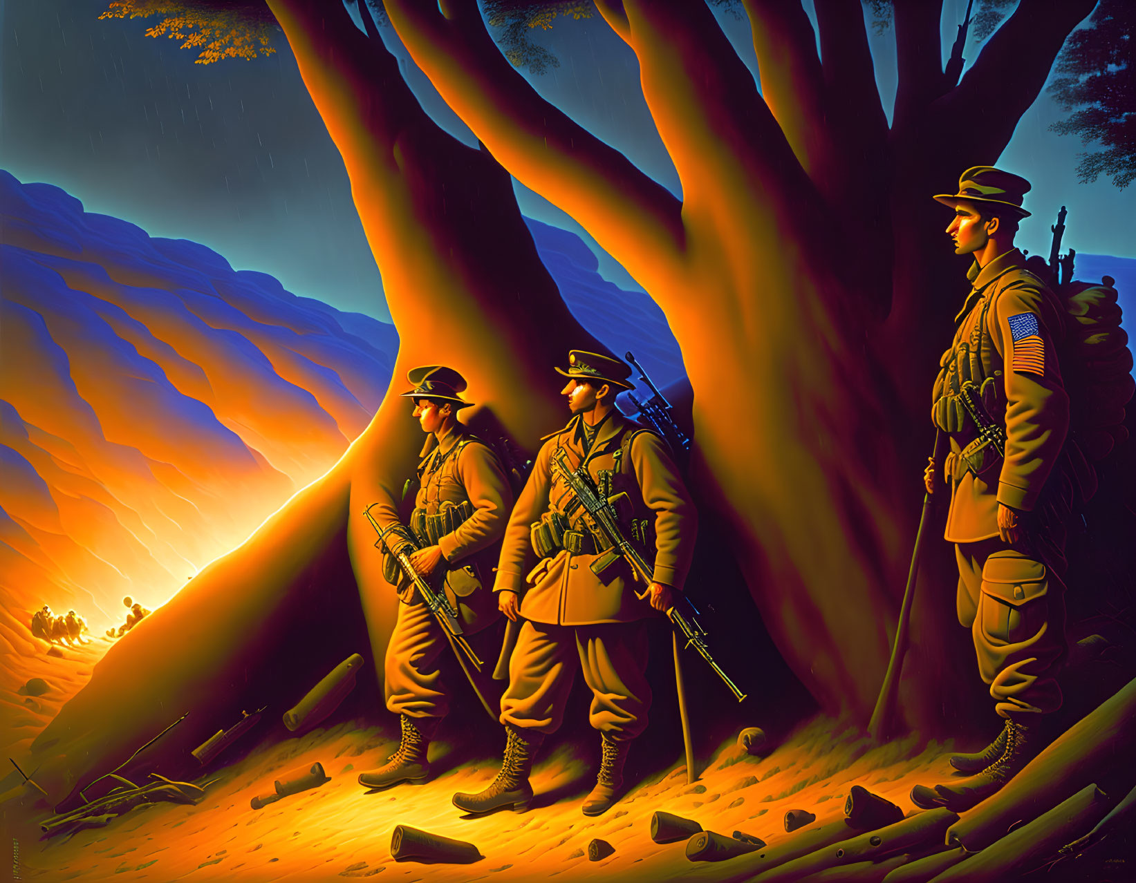 Vintage military uniforms: Three soldiers by tree in fiery battlefield scene