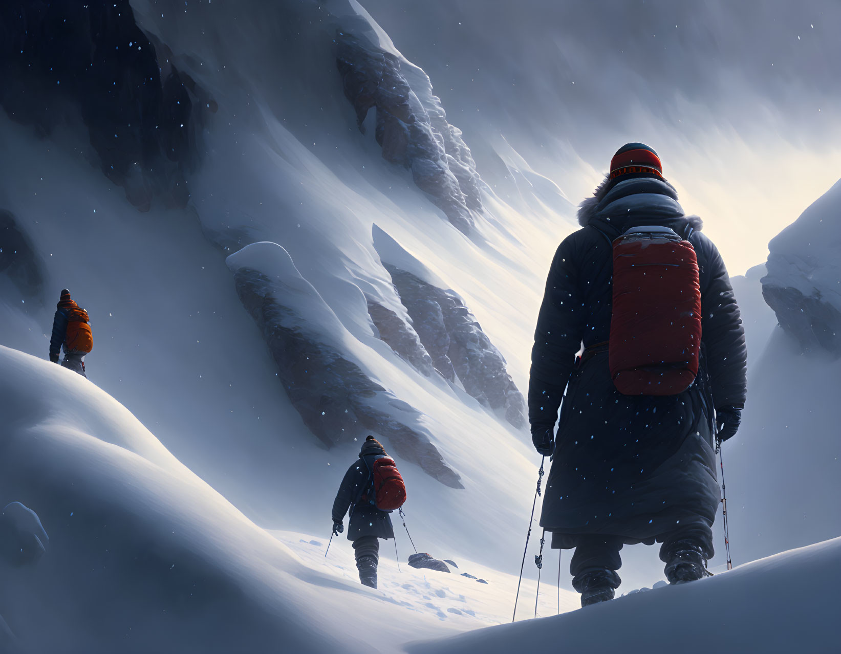 Three climbers in heavy winter gear navigating snowy mountain pass.