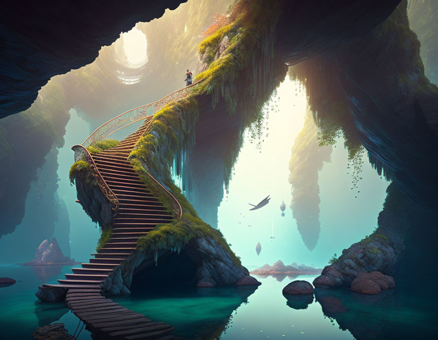 Fantastical cavern with lush greenery and waterfalls