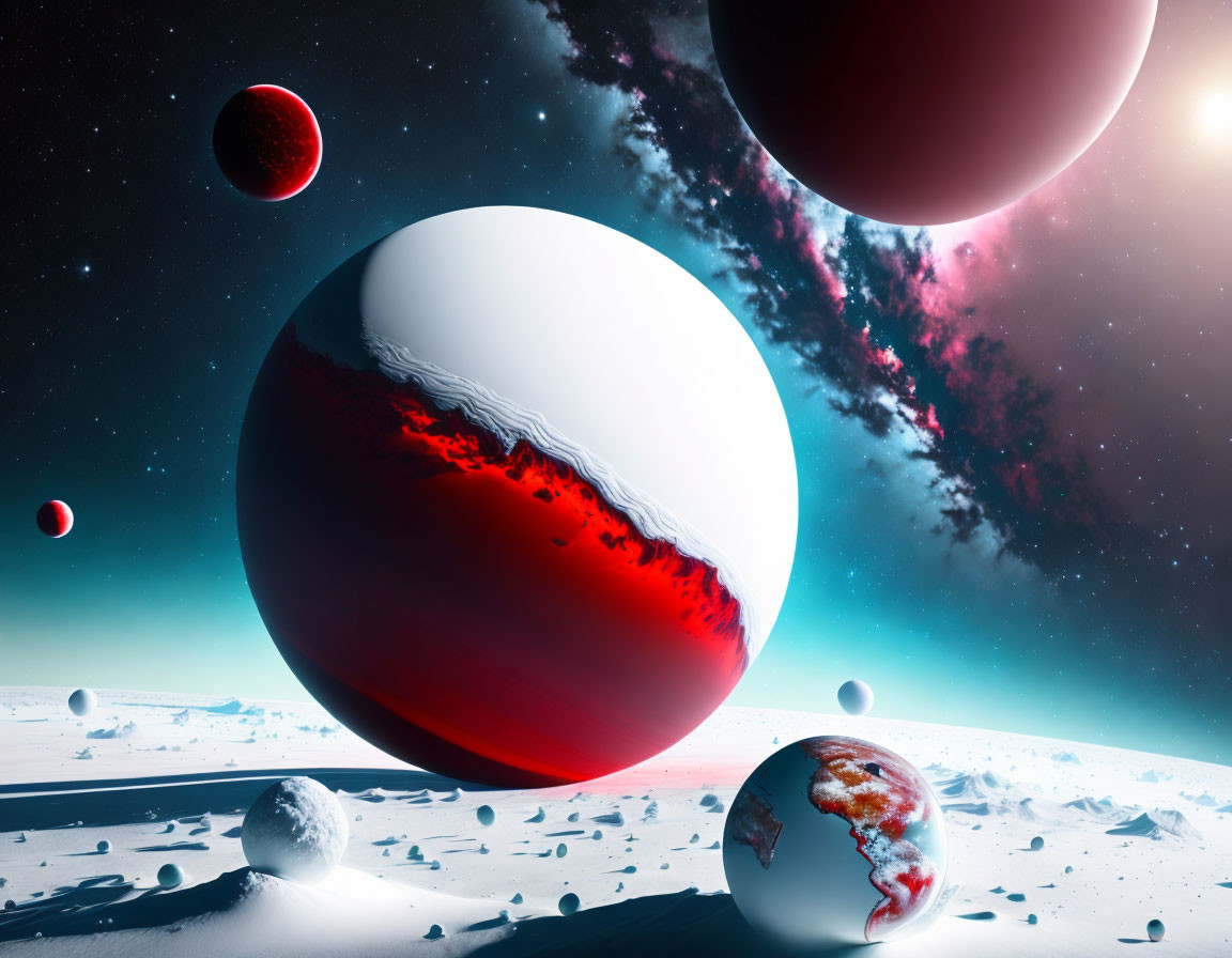 Surreal space scene with planets of different sizes and red & white pattern against starry sky