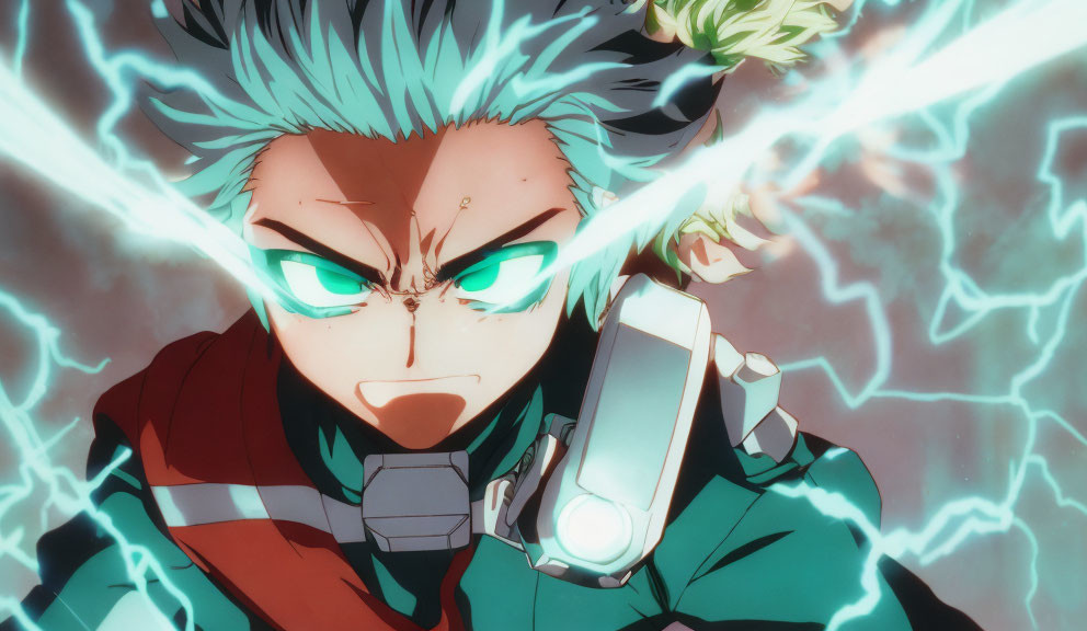 Spiky Blue-Haired Animated Character with Green Eyes and Red Scarf Surrounded by Blue Lightning