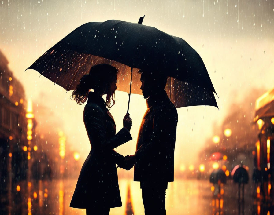 Man and woman under umbrella silhouette sunset