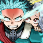 Spiky Blue-Haired Animated Character with Green Eyes and Red Scarf Surrounded by Blue Lightning