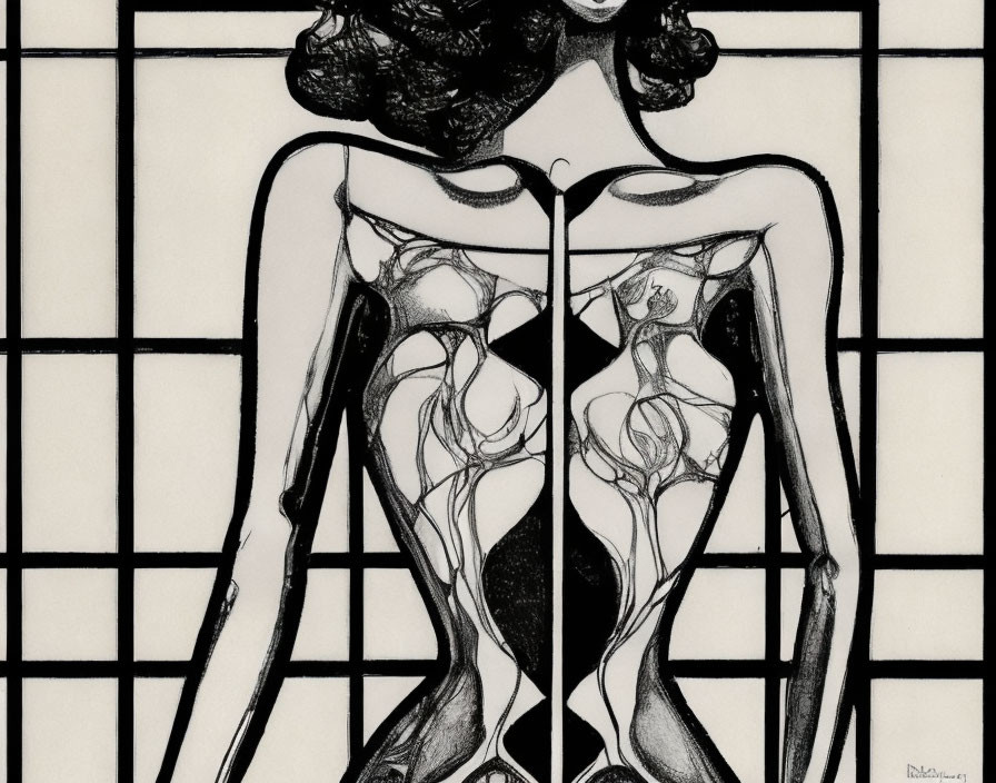 Stylized black and white illustration of a curvy woman on geometric backdrop