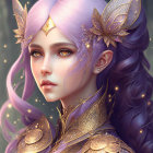 Fantasy illustration of female figure with elf-like ears and golden feathered adornments