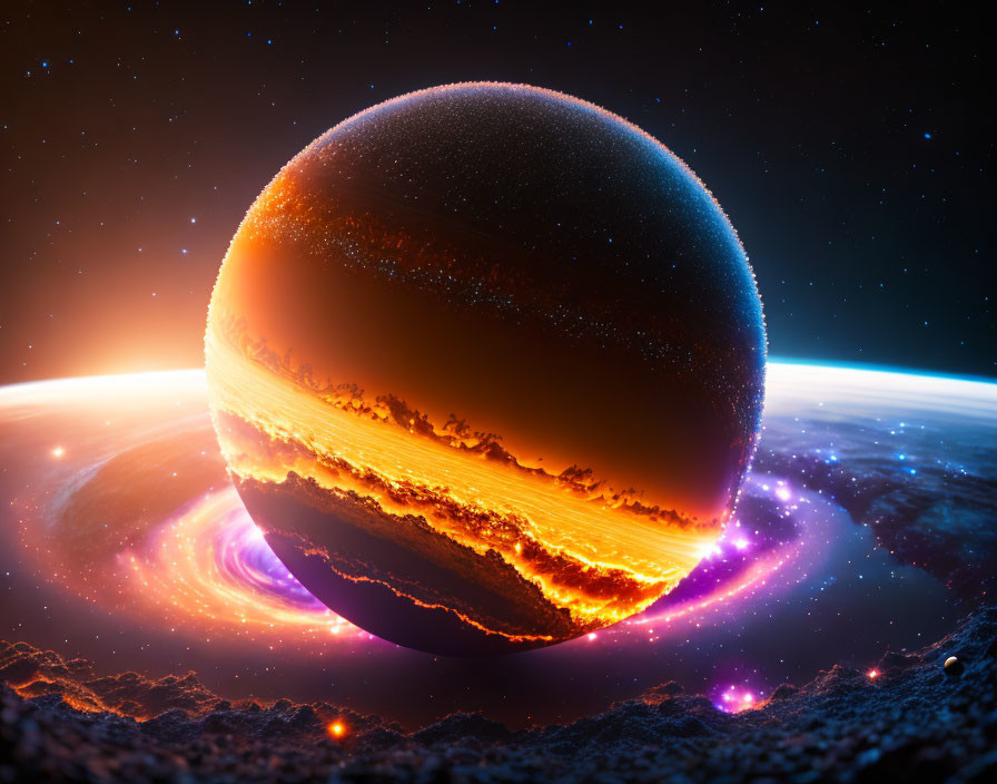 Glowing lava-filled planet in cosmic space scene