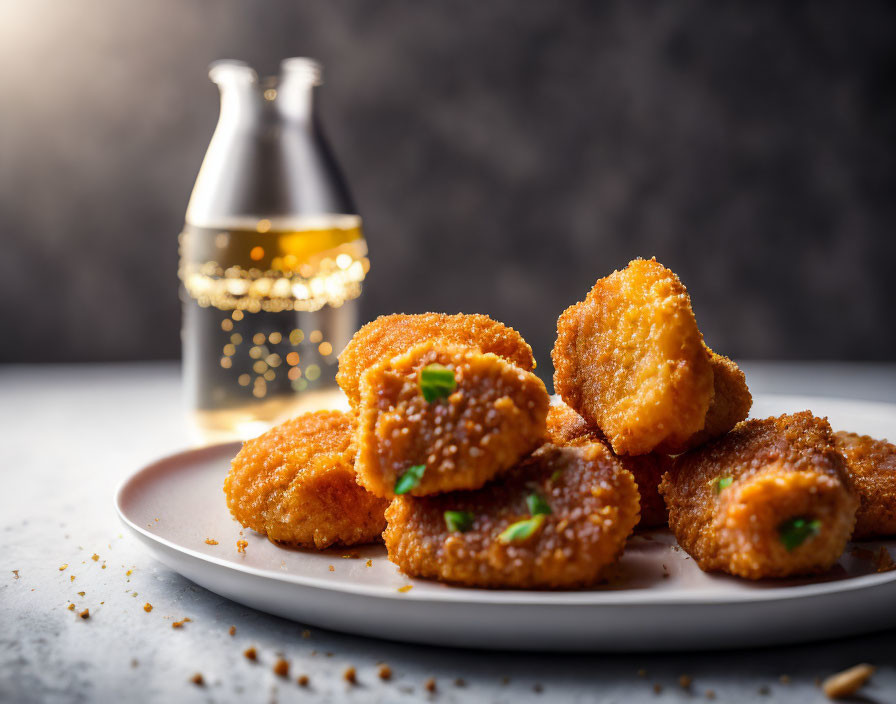 Crispy sesame seed-coated chicken nuggets with sauce on plate