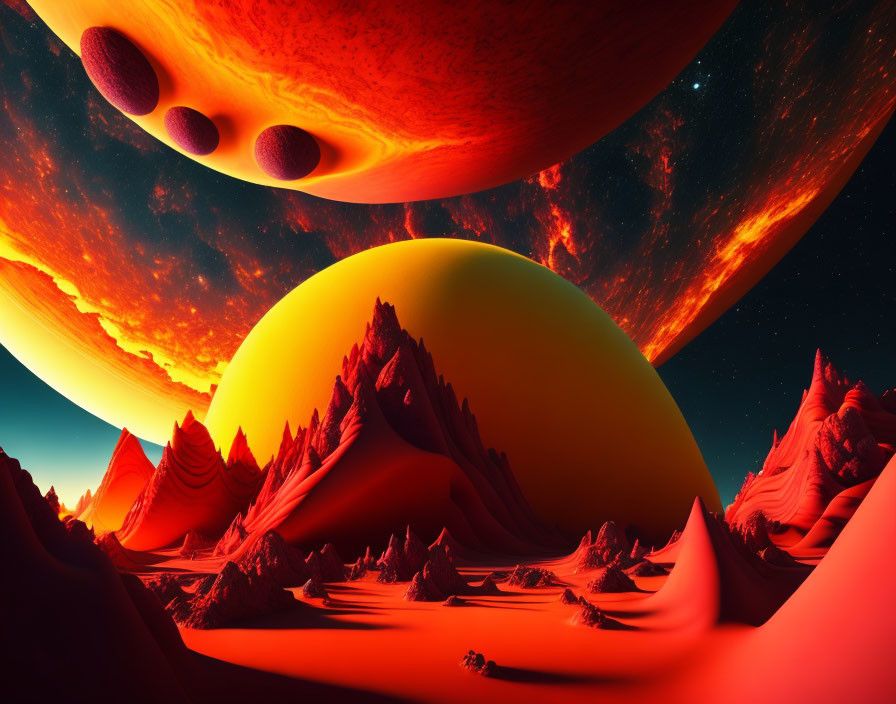 Alien landscape with red skies, moons, giant planets, mountains, and sand dunes