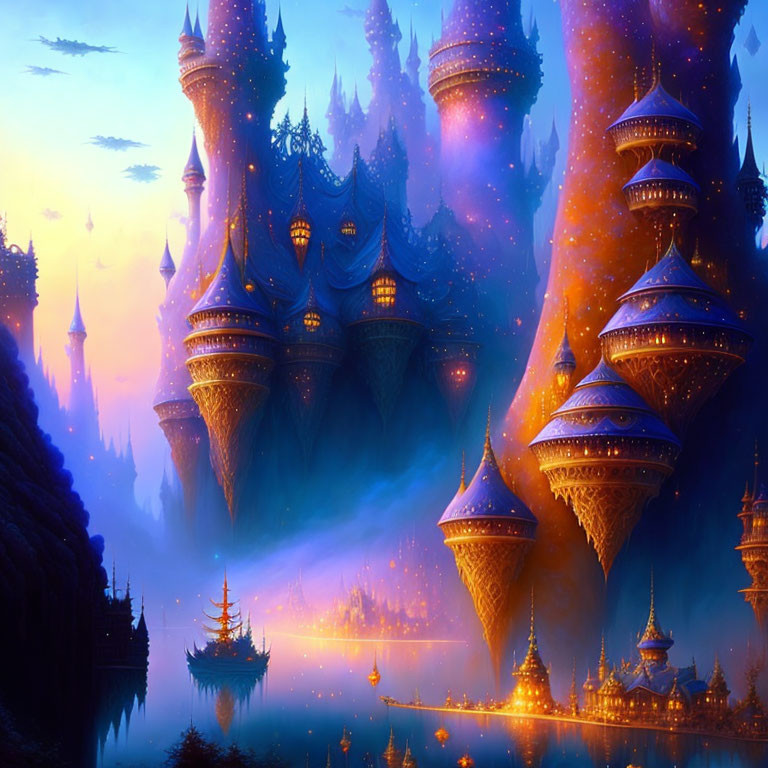 Fantasy castle with towering spires under starlit sky by tranquil water