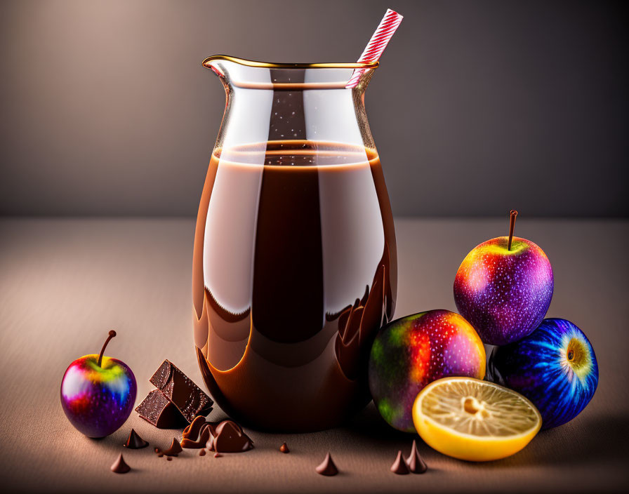 Glass jug with chocolate milk, colorful apples, lemon slice, chocolate, and straw.