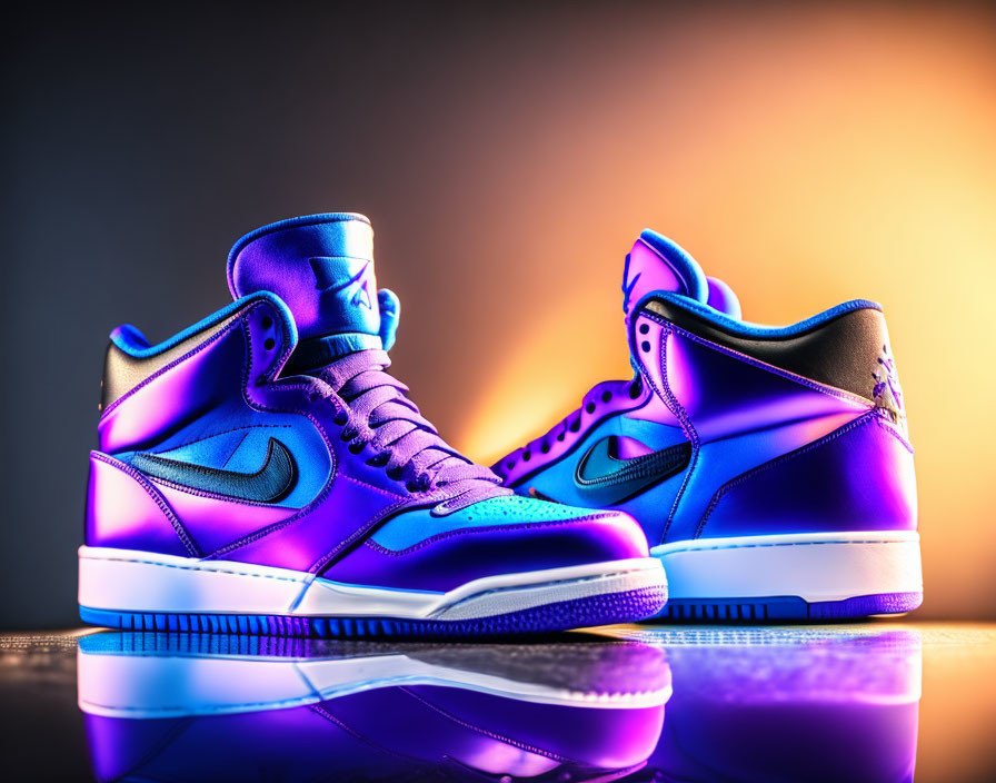 Blue and Purple Sneakers on Orange Gradient Background