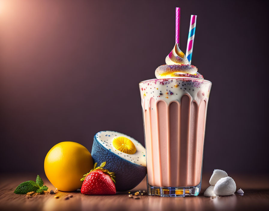 Colorful milkshake with whipped cream, sprinkles, cookie, fruits, and marshmallows.