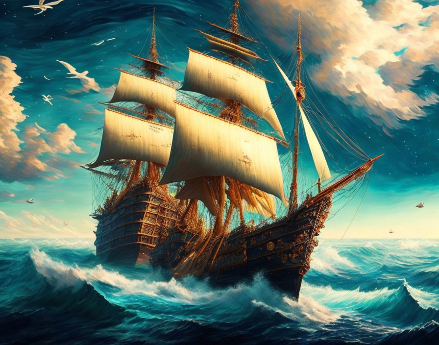 Sailing ship with billowing sails in turbulent ocean under dramatic sky