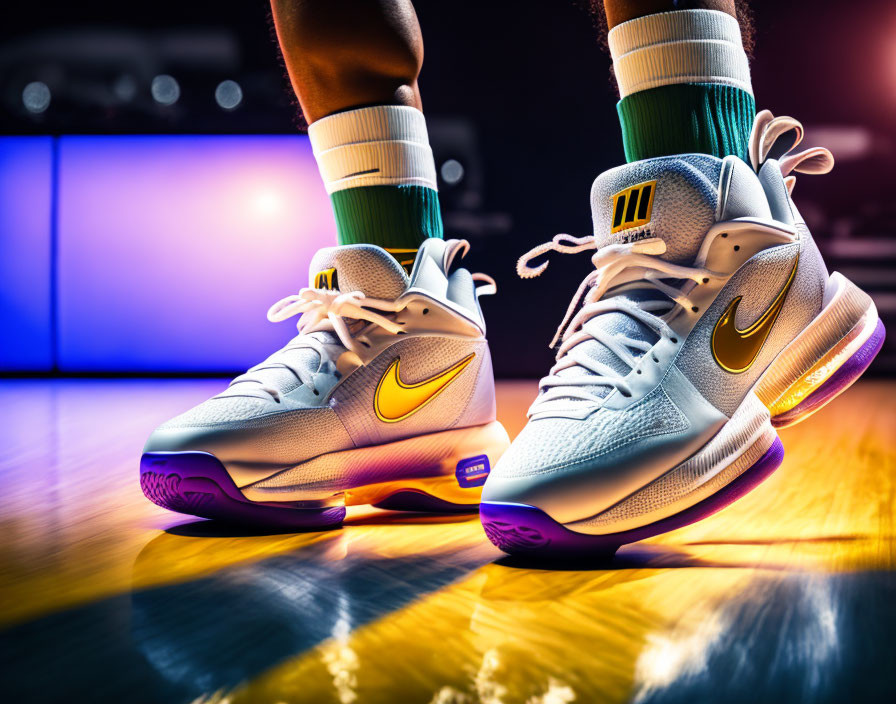 Person in white and gold basketball shoes on shiny court with swoosh logo, colorful lighting