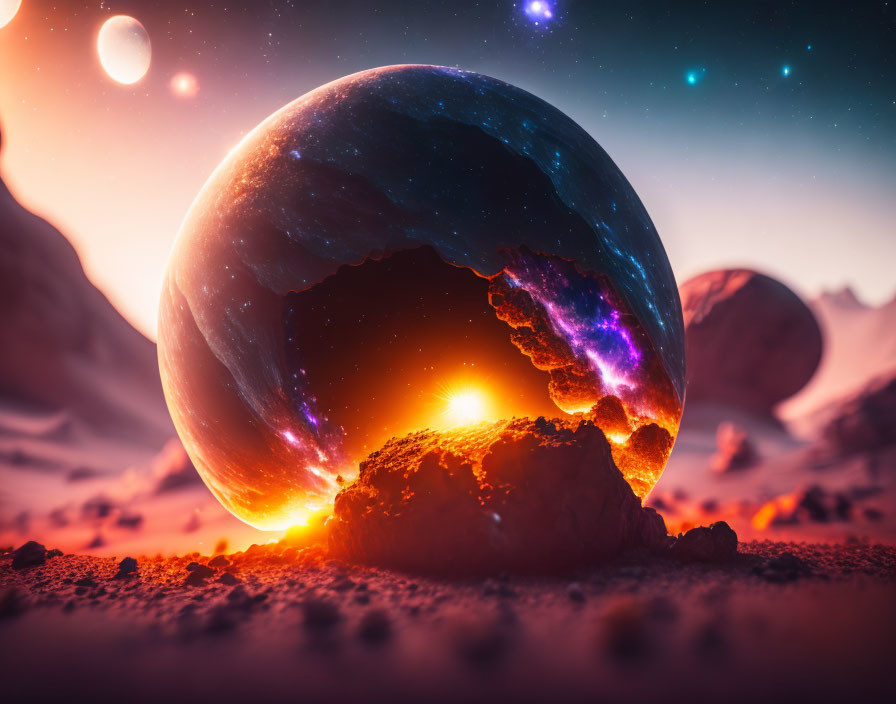 Fractured glowing planet in surreal space scene