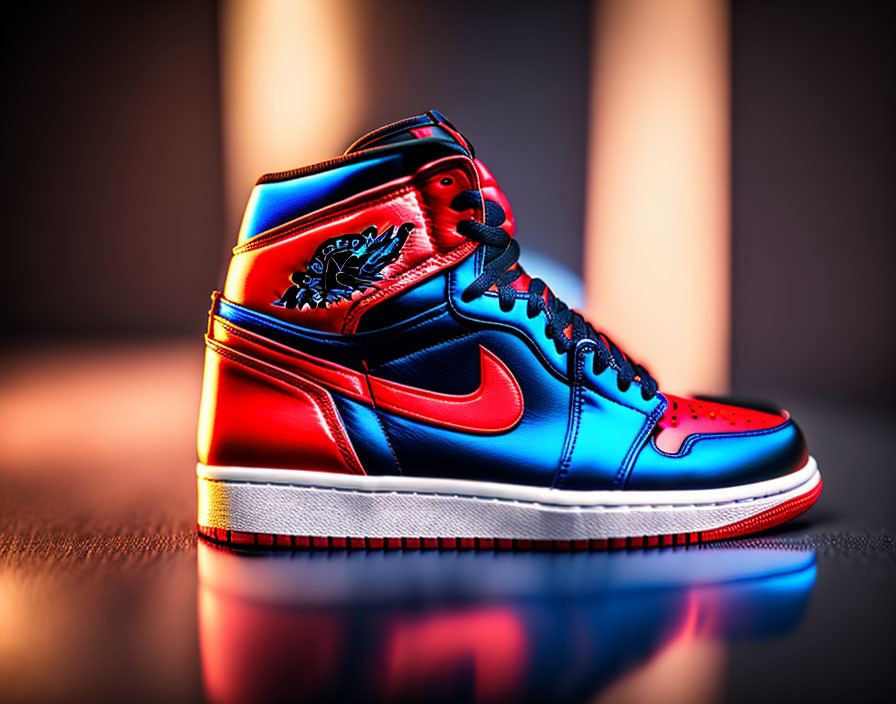 Colorful High-Top Sneaker with Artistic Designs and Dramatic Lighting