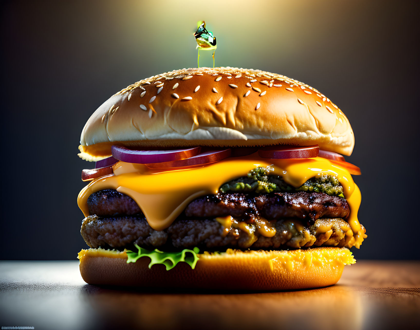 Juicy double cheeseburger with lettuce, onions, and sesame seed bun in dramatic backlight