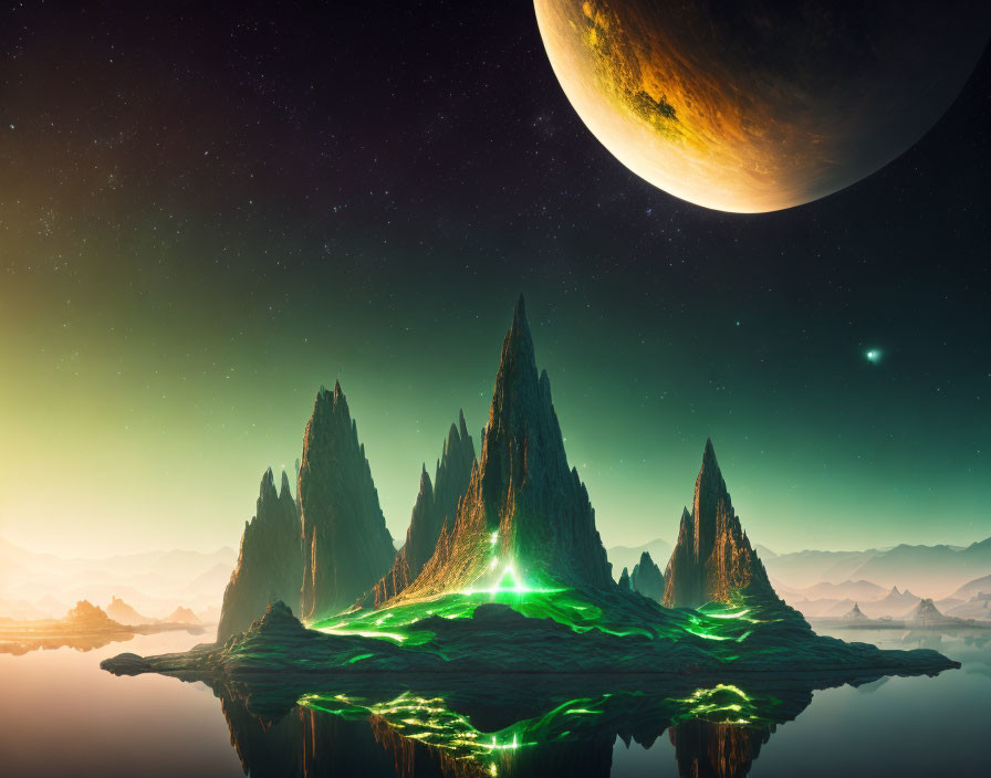 Alien landscape with towering cliffs, green lights, starry sky, and large exoplanet.