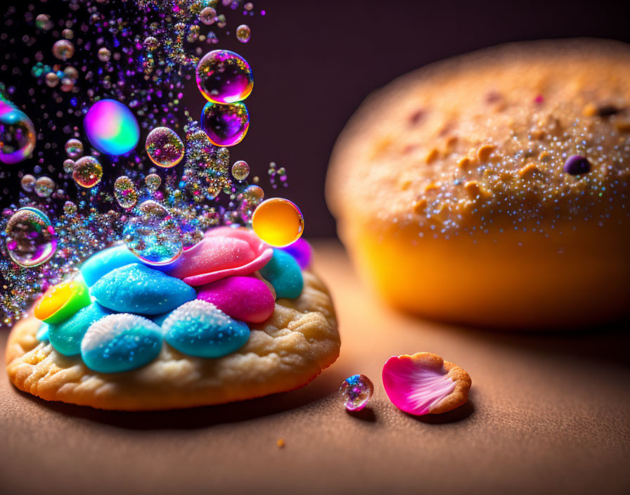 Colorful Candy-Topped Cookie Close-Up with Bubbles