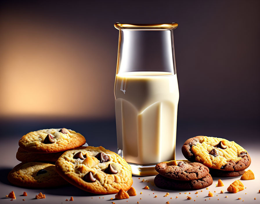 Glass of Milk with Chocolate Chip Cookies on Warm Gradient Background