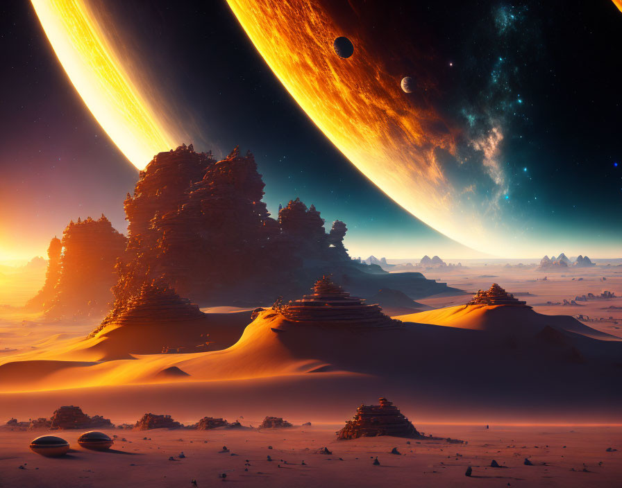 Sci-fi landscape with sandy dunes, rock formations, ringed planet, and moons