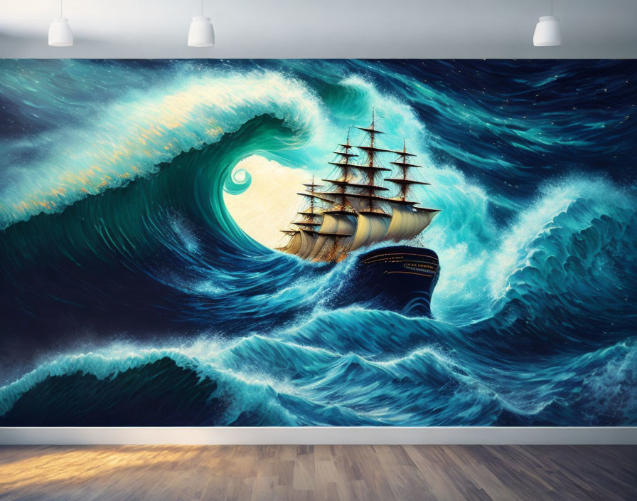Old sailing ship mural in swirling blue wave for a surreal oceanic room.