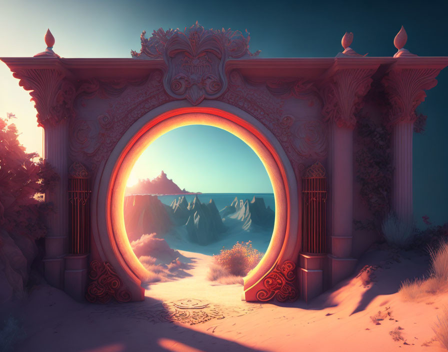 Ornate archway framing serene seascape with mountains at sunset
