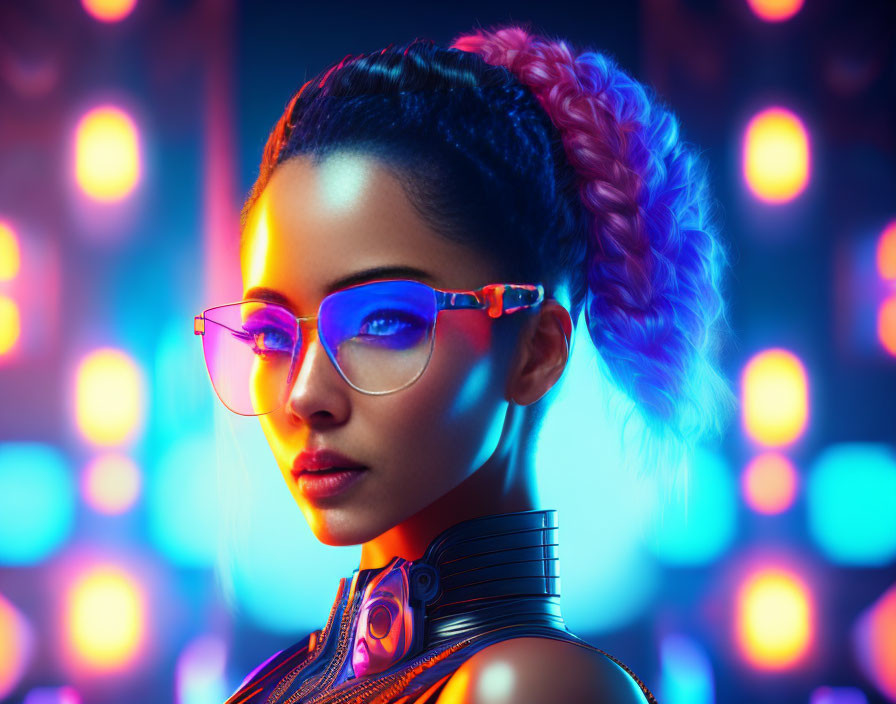 Woman with braided ponytail in futuristic attire under vibrant neon lights