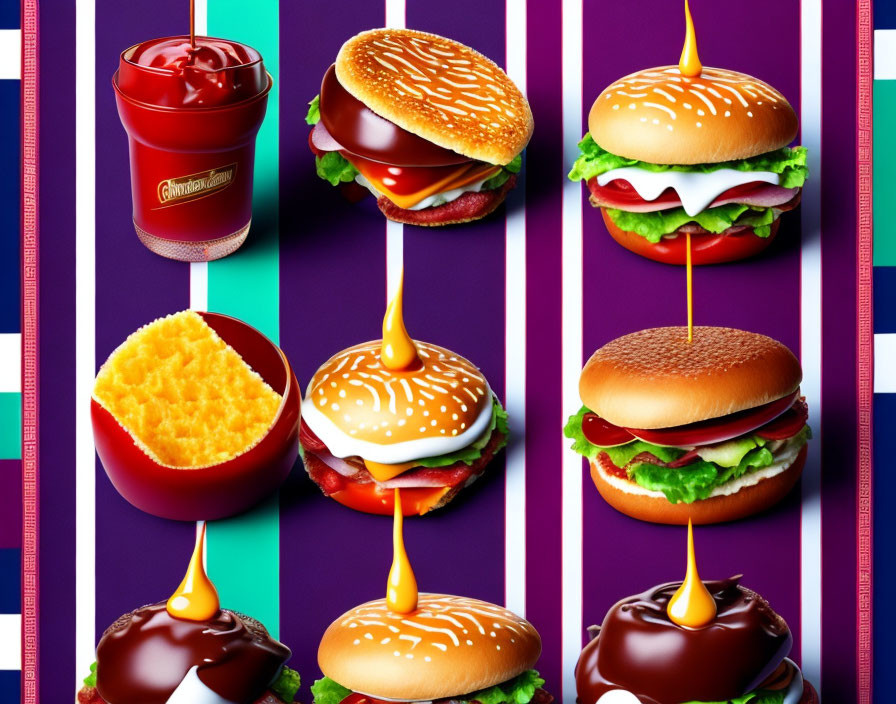 Fast food items with vibrant sauces on colorful background