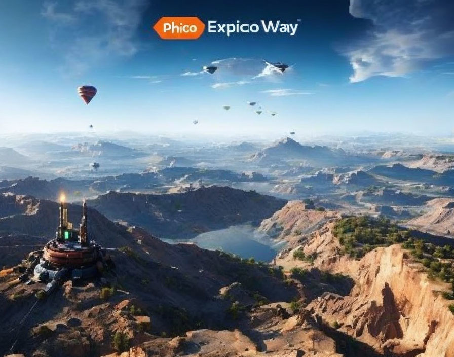 Futuristic landscape with hot air balloon and flying vehicles over rugged mountains