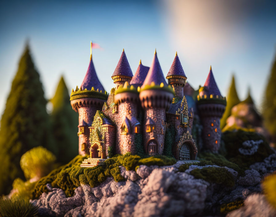 Miniature fairy tale castle with purple rooftops in lush greenery at sunset