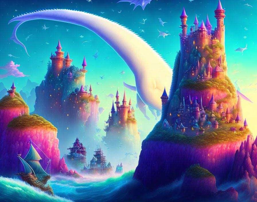 Vibrant Fantasy Landscape with Floating Castles and Dragon