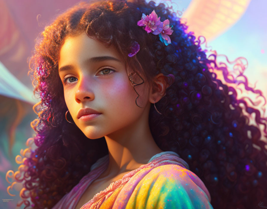 Curly-Haired Girl with Flower Looking Away in Sunlight
