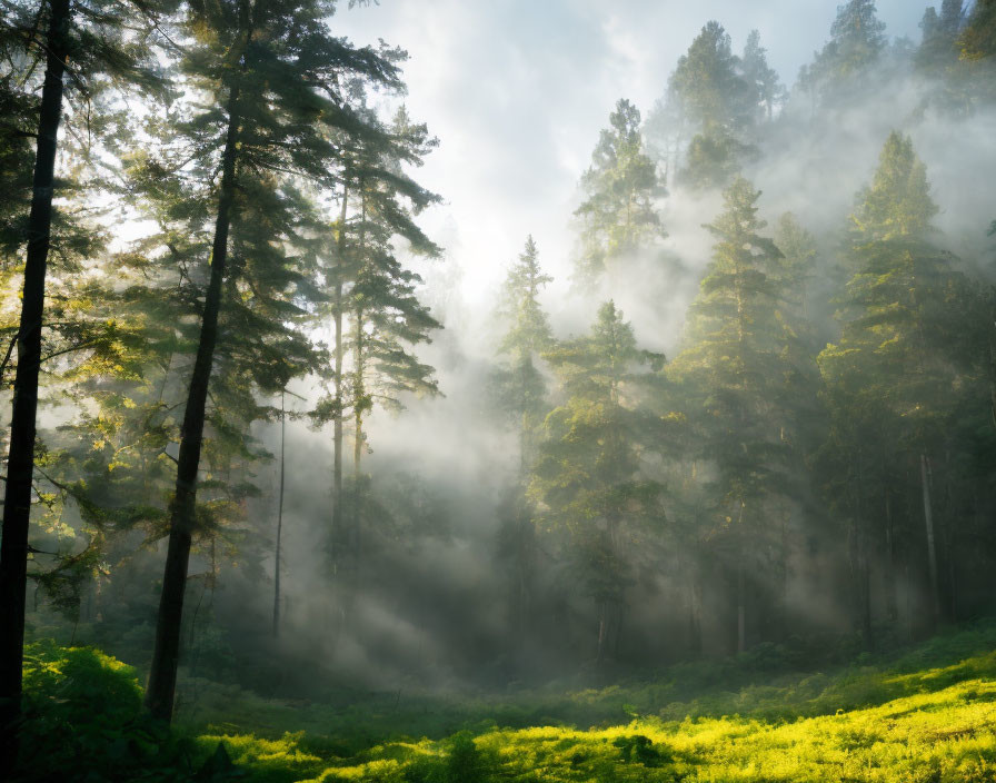 Sunlit Misty Forest with Tall Trees and Green Underbrush
