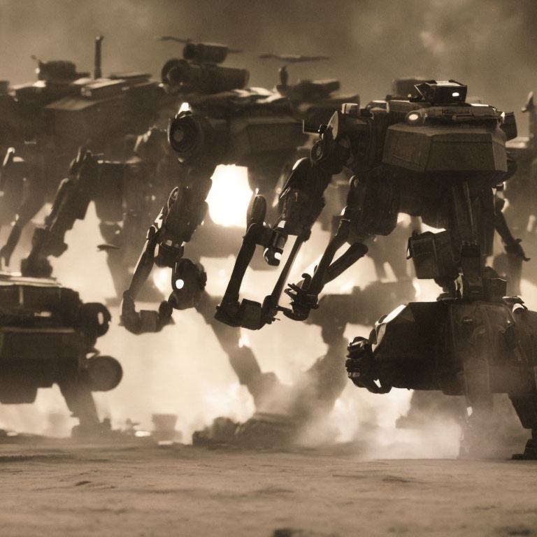 Futuristic robot squadron with gun turrets on smoky battlefield