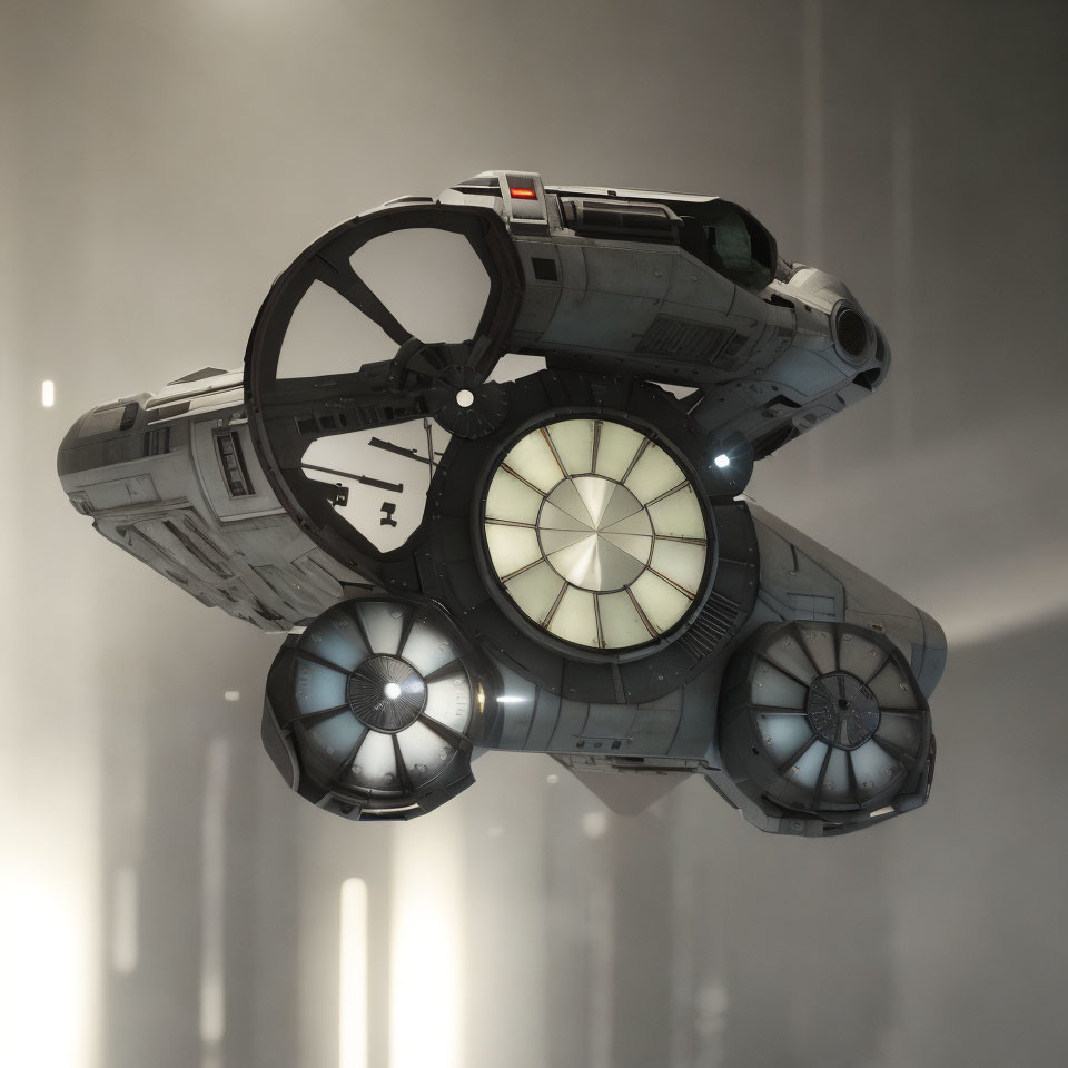 Detailed Futuristic Spaceship Model with Circular Thrusters and Front Window in Misty Background