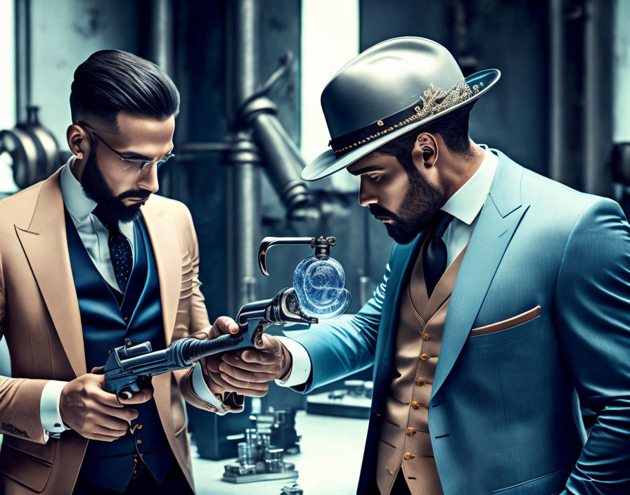 Two Men in Suits with Vintage Firearm in Industrial Setting
