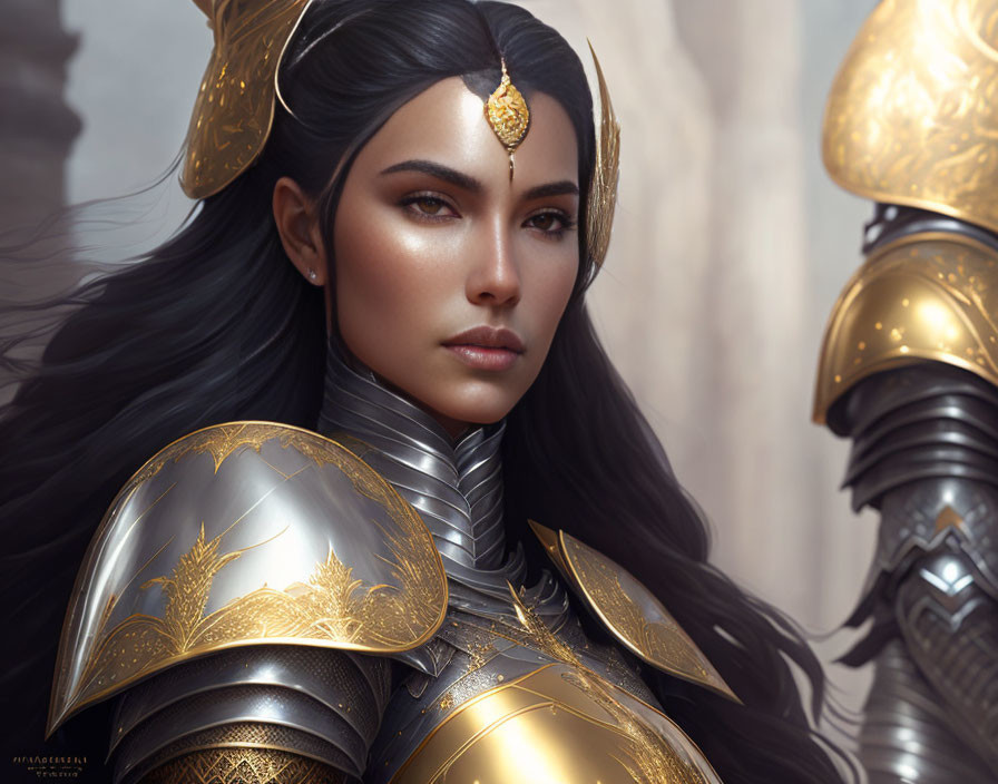 Digital artwork of woman in ornate golden armor with dark hair