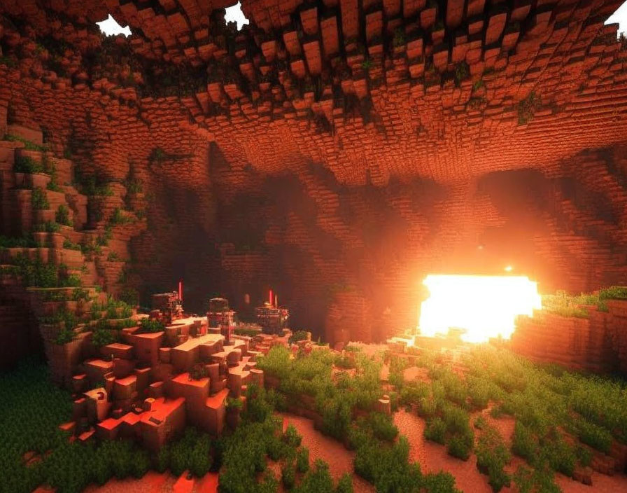 Pixelated underground cavern with lava glow in blocky Minecraft-like game