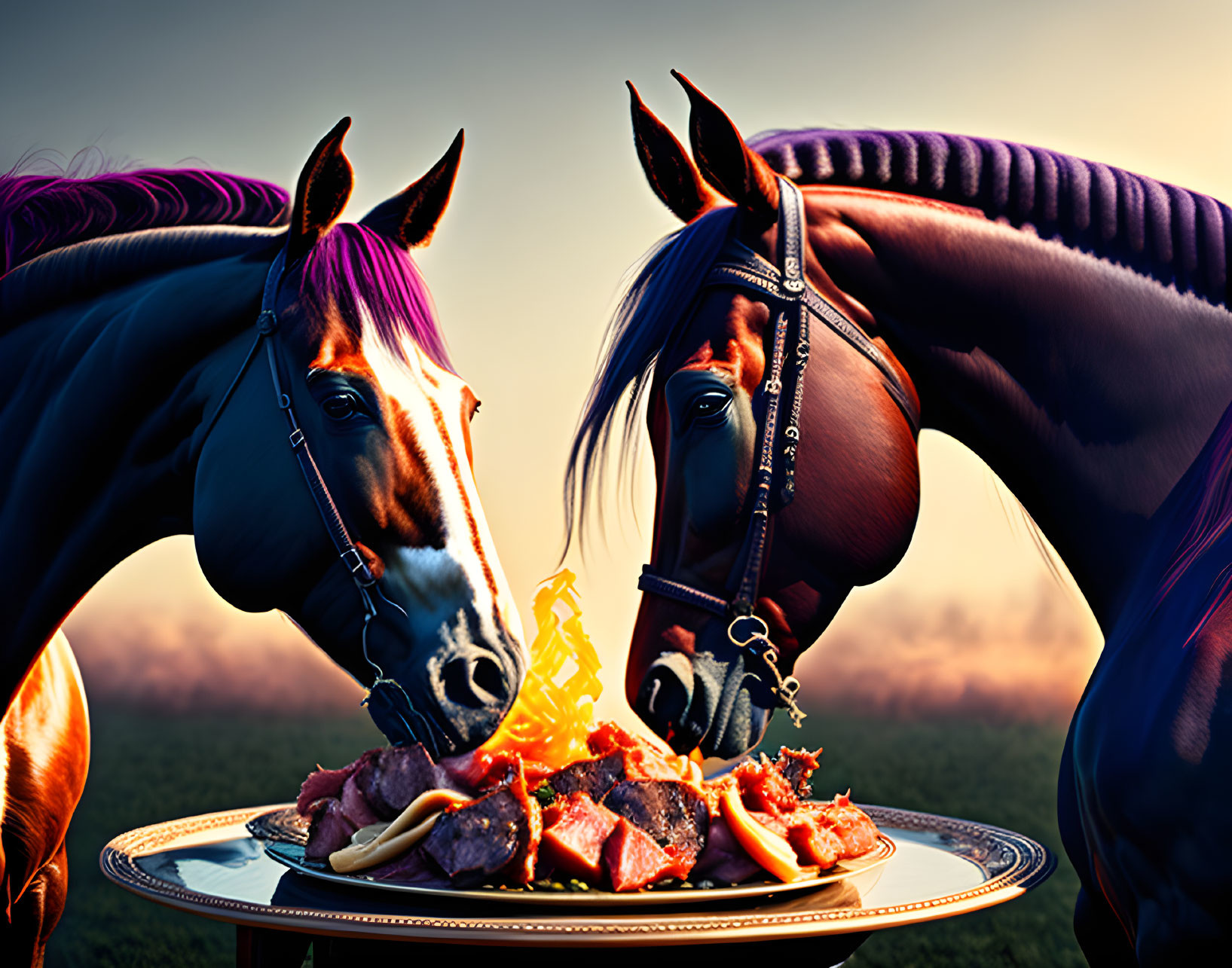 Two Horses Sharing Grilled Meat Platter at Dusk