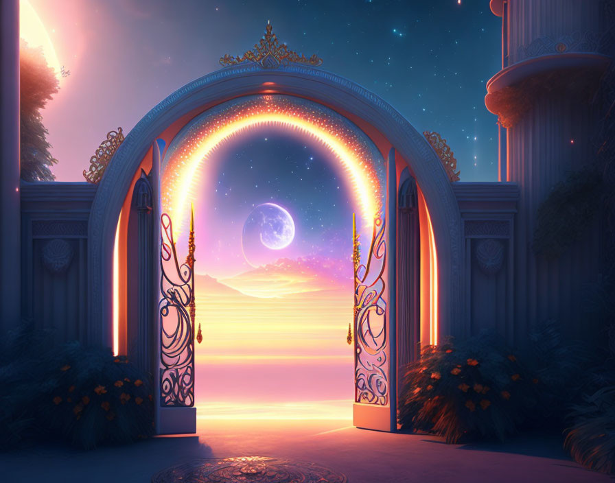 Ornate gate revealing magical landscape with glowing moon and purple sunset