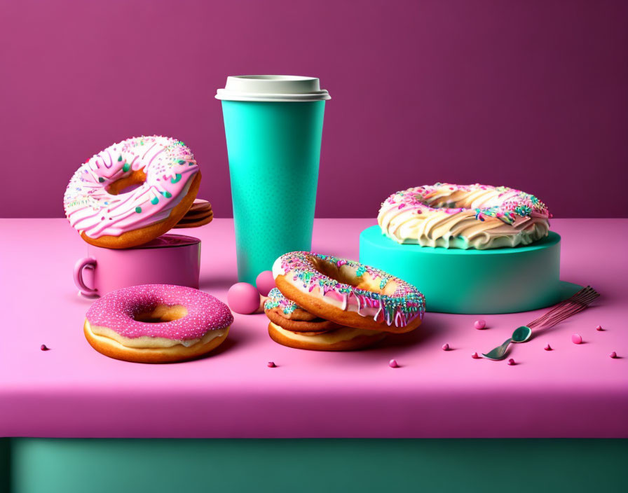 Vibrant donuts, coffee cup, cake, fork, and knife on colorful background