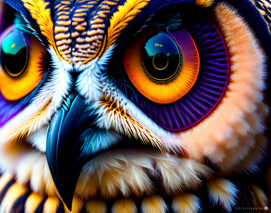 Detailed Digital Art: Close-Up Owl with Multicolored Eyes and Colorful Feathers