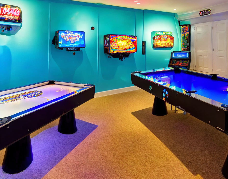 Colorful game room with teal walls, pinball machines, air hockey, and pool table on brown