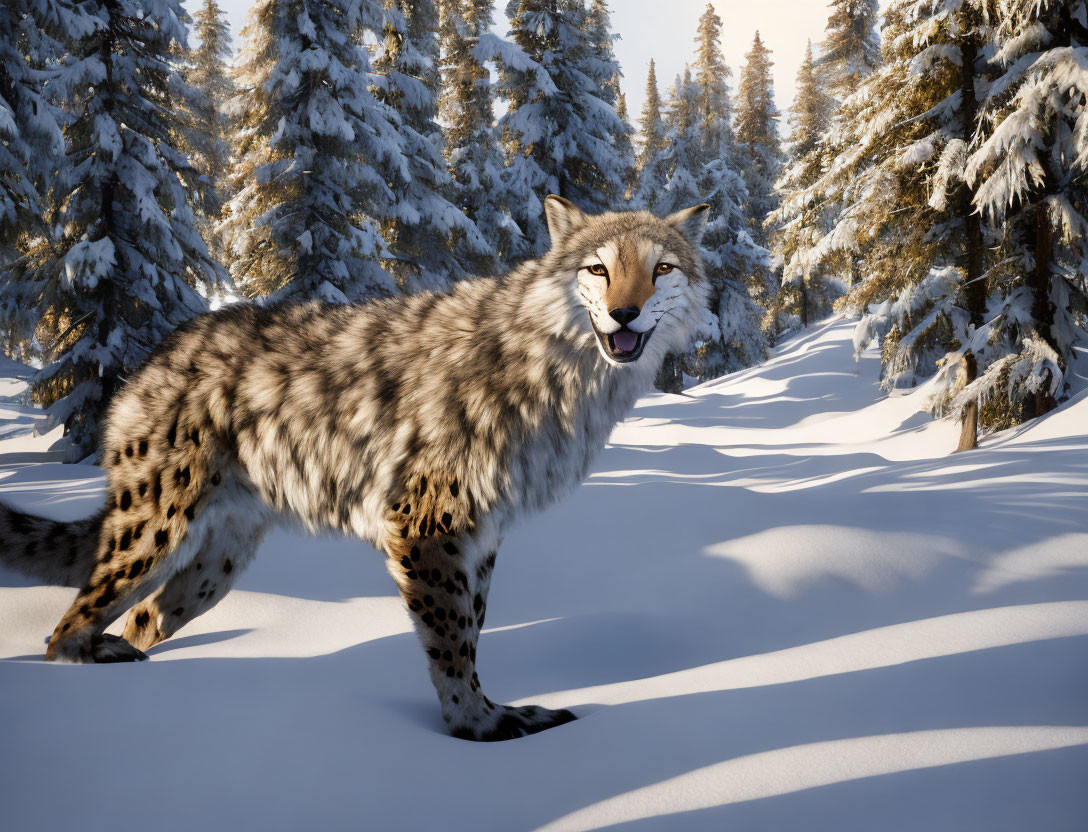 Realistic image: Majestic cheetah in snowy forest with sunlit pine trees