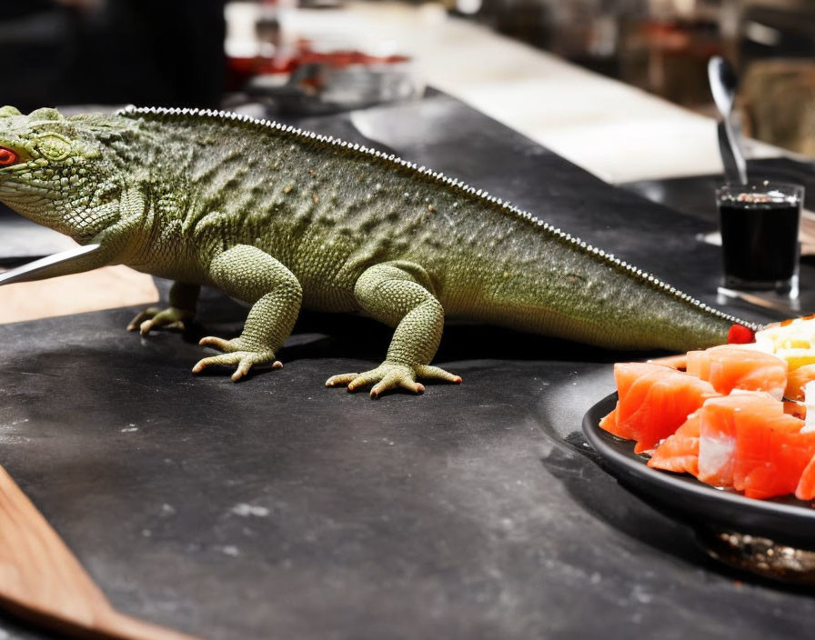 Toy alligator on table with sushi, creating restaurant scene