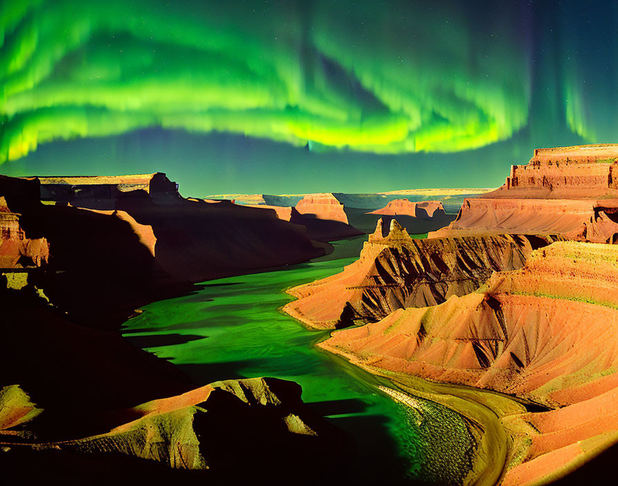 Vibrant Aurora Borealis Over Meandering River in Canyon Valleys