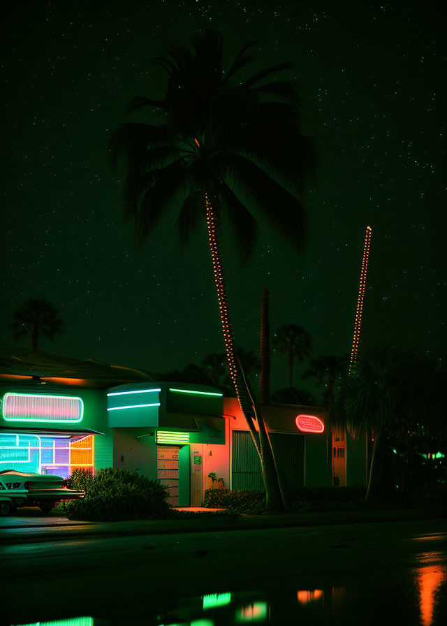 Tropical night scene with palm trees, starry sky, neon lights, vintage car