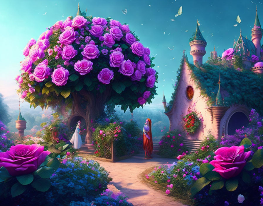 Fantasy landscape with large tree, pink roses, cottage, and medieval figures